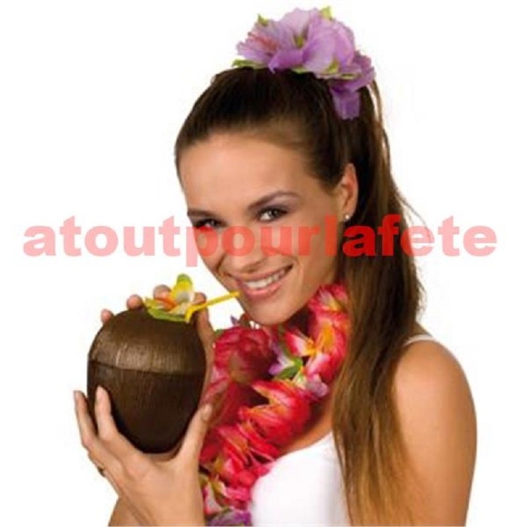 Gobelet noix de coco en plastique marron avec paille pour décoration Hawaï