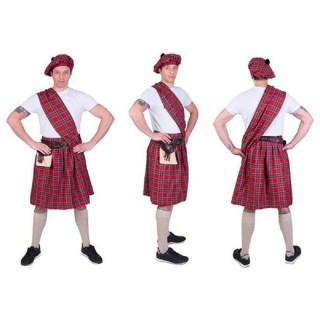 Déguisement Ecossais tartan rouge     Comprend : kilt, beret, plaid, ceinture et bourse