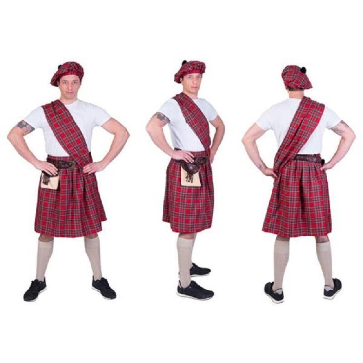 Déguisement Ecossais tartan rouge     Comprend : kilt, beret, plaid, ceinture et bourse