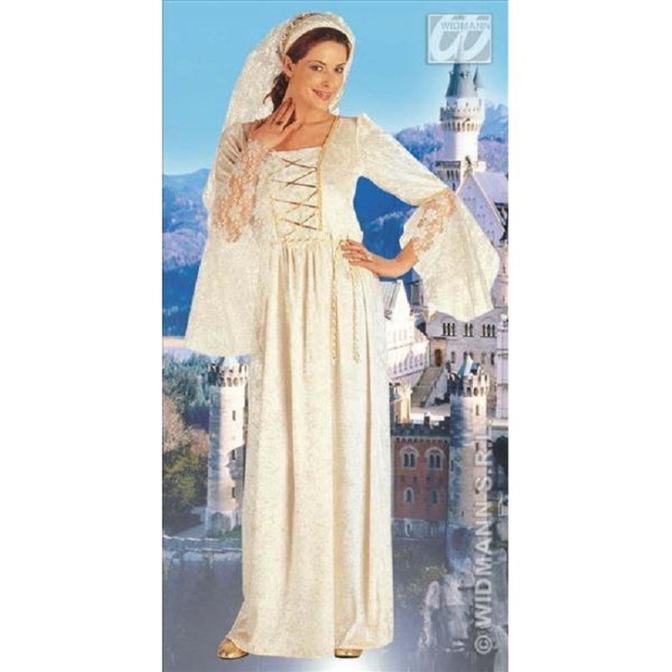 Superbe robe médiévale en velour élastique blanc. Ce déguisement comprend la robe avec manches dentelle et le bandeau avec voile
