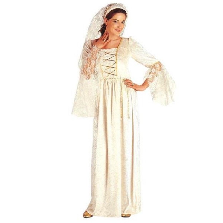 Superbe robe médiévale en velour élastique blanc. Ce déguisement comprend la robe avec manches dentelle et le bandeau avec voile