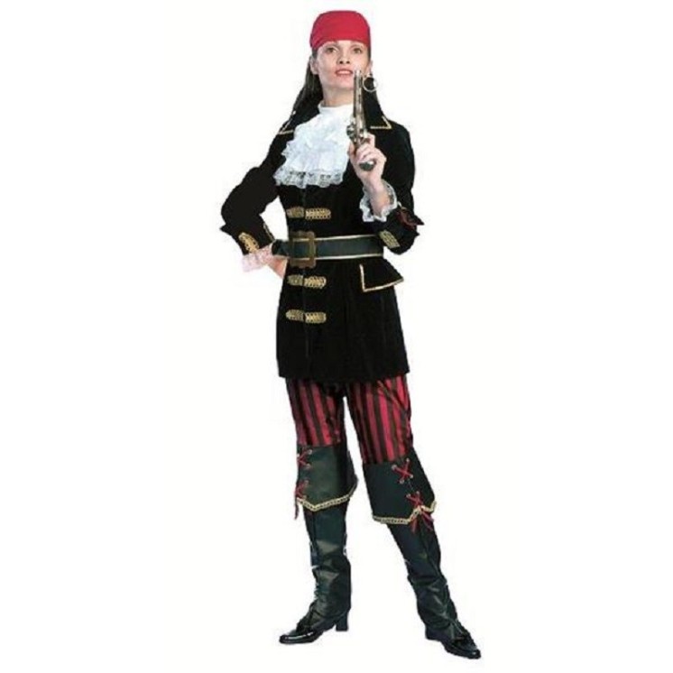 Déguisement de femme Pirate Luxe Comprend: veste, pantalon, ceinture , jabot, bandana, et surbottes.