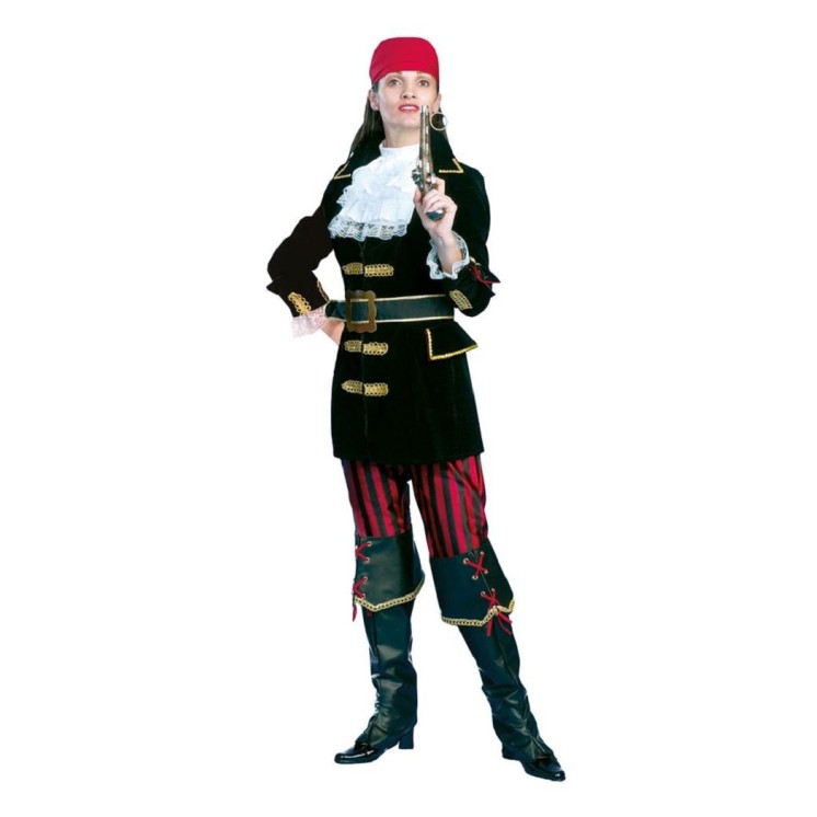 Déguisement de femme Pirate Luxe Comprend: veste, pantalon, ceinture , jabot, bandana, et surbottes.