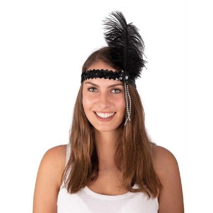 Bandeau charleston a sequins perles et plume (2 coloris au choix Argent ou Noir)