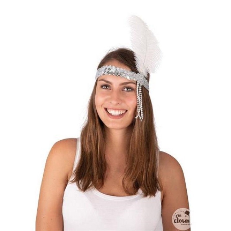 Bandeau charleston a sequins perles et plume (2 coloris au choix Argent ou Noir)