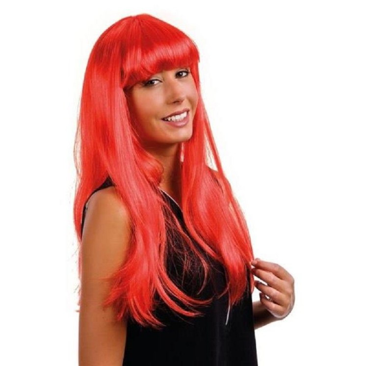 Perruque femme longue 60cm, raide, à frange (rouge ou turquoise)