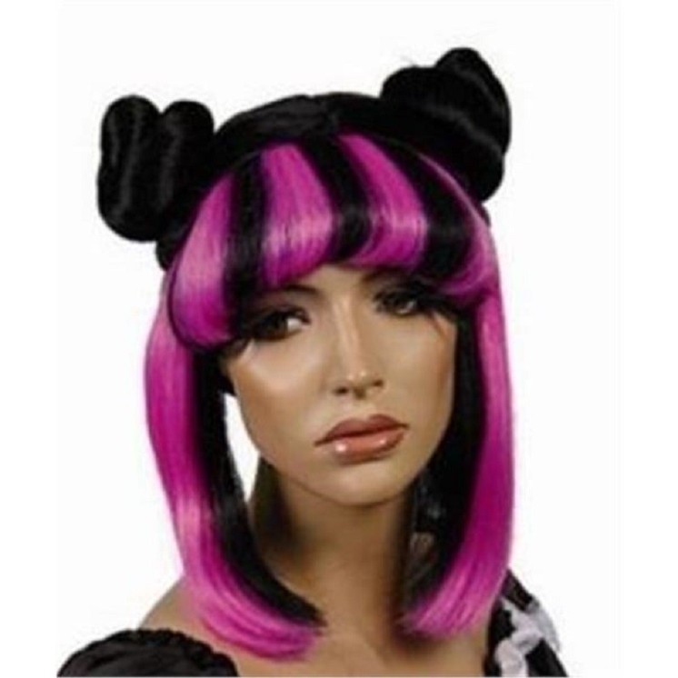 Perruque Manga, à mêches de couleur et macarons