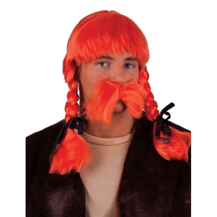 Perruque avec nattes et moustache orange pour deguisement Gaulois Obelix