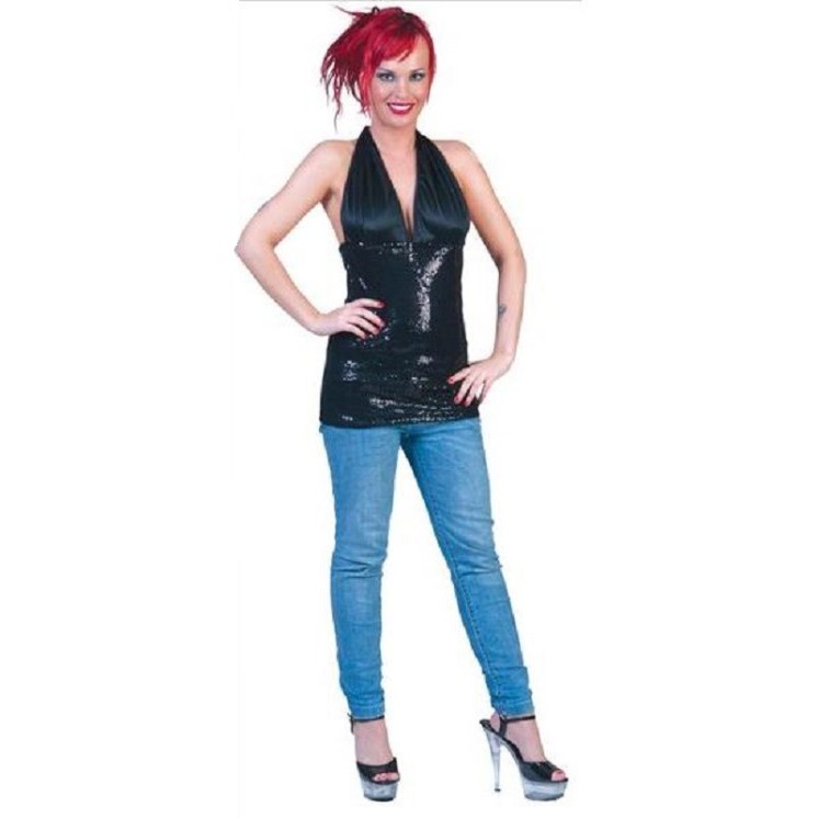 Caraco Noir pailleté, Haut pour soirée Disco, Disco (taille unique S-M)