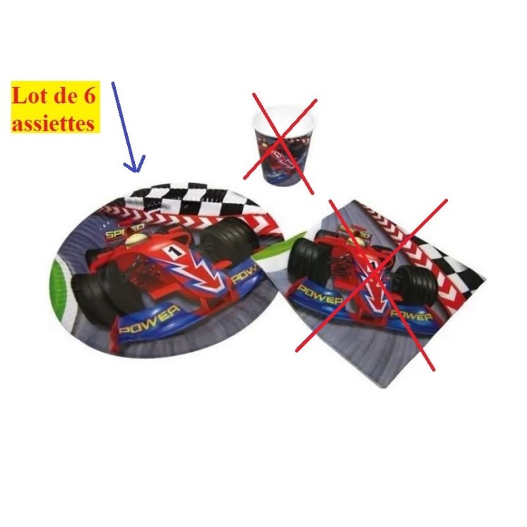 Assiettes en Carton thème "Voiture de Course" 22cms- Lot de 6