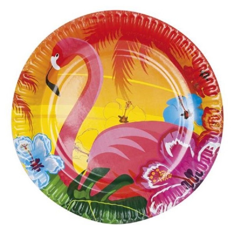6 assiettes Thème Hawaï "Hibiscus et flamant rose" (23cm)
