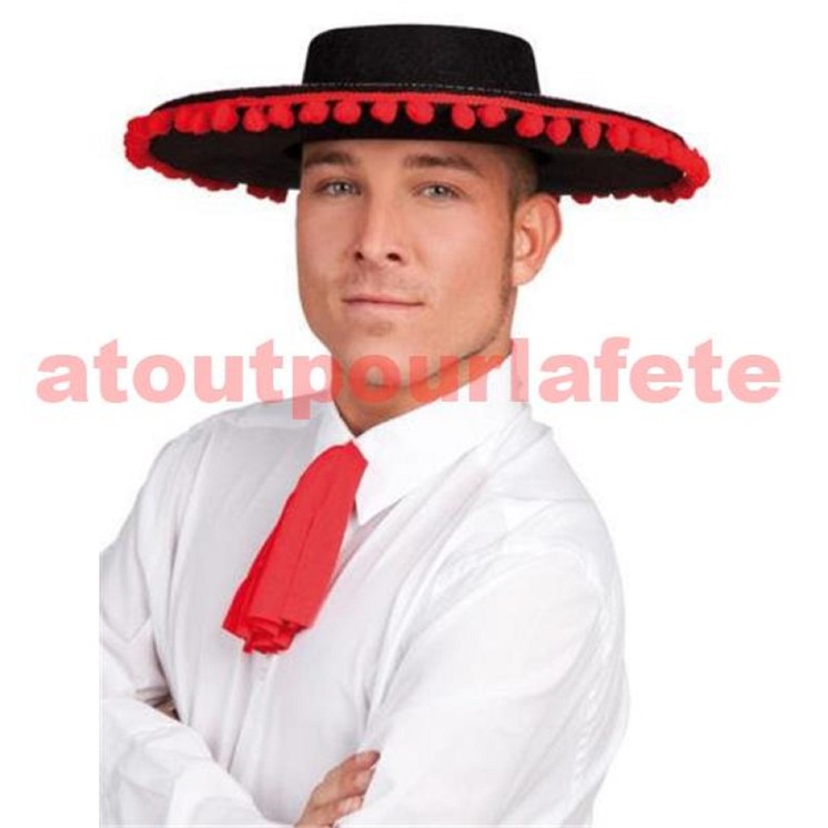 Chapeau espagnol à pompons rouge
