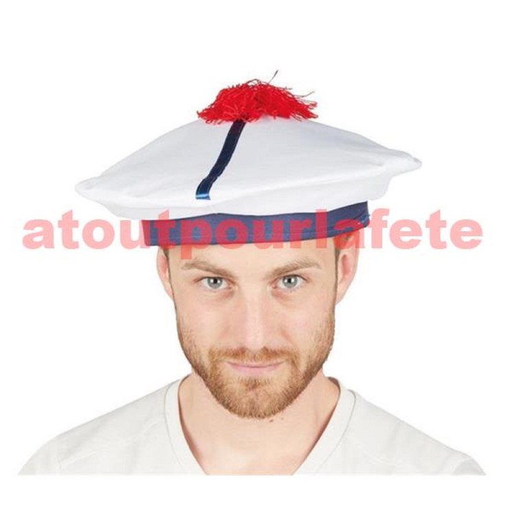 Beret de Marin, Bachi, Chapeau, avec pompon rouge (coton)